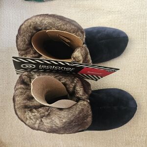 Isotoner Black Faux Suede Slipper Boots with Brown Faux Fur Cuff. 9.5-10.5 XL